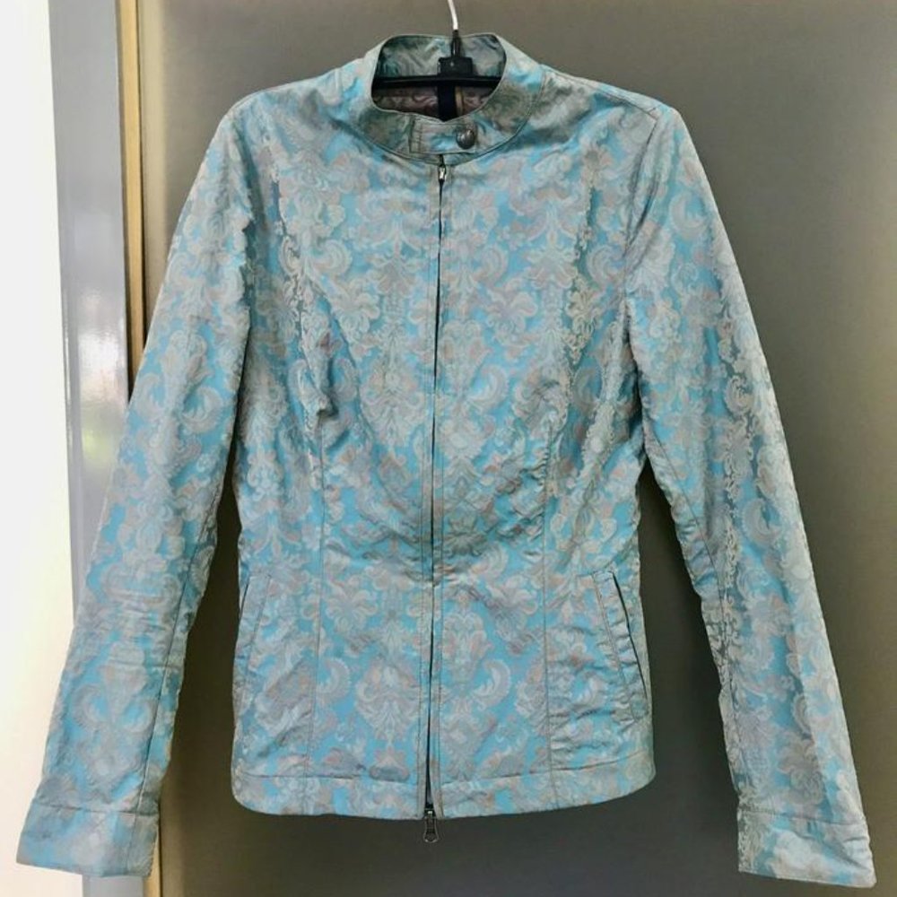 Aquarama Italy Turquoise Paisley Damask Zip Front Fitted Jacket Blazer IT40 US 2
